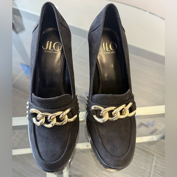 JLo Jennifer Lopez black suede platform high heels front gold chain size 6M - Picture 2 of 15
